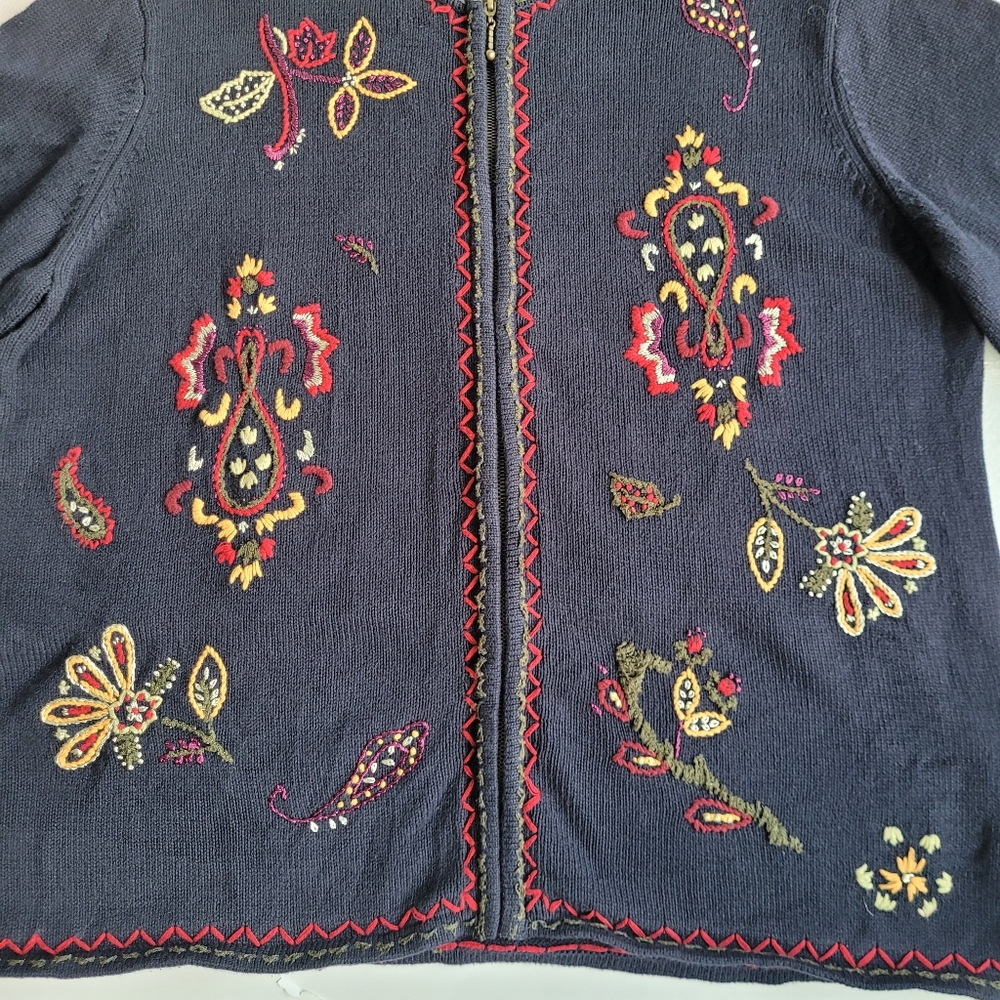90s Boho Floral Embroidered Cardigan Navy Blue XL 12-14 - Picture 3 of 16